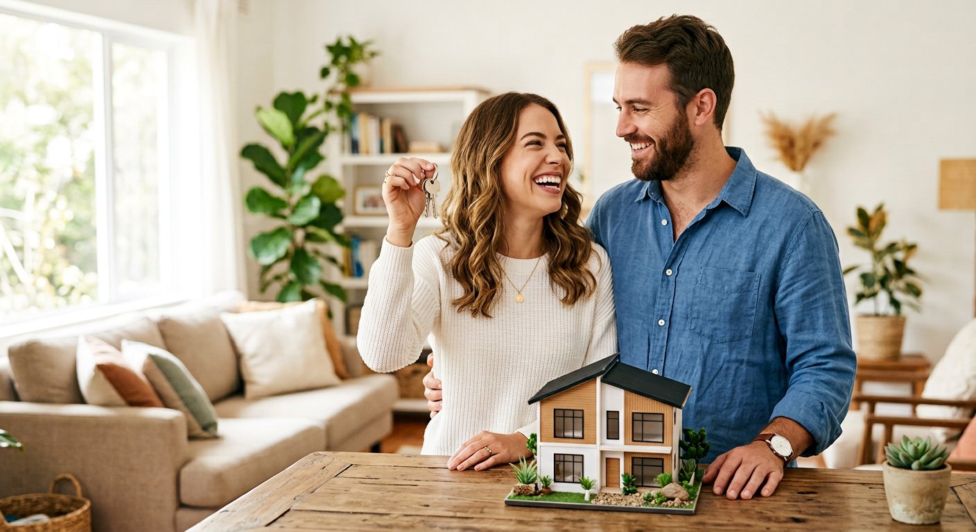 A happy couple holding house keys beside a small house model