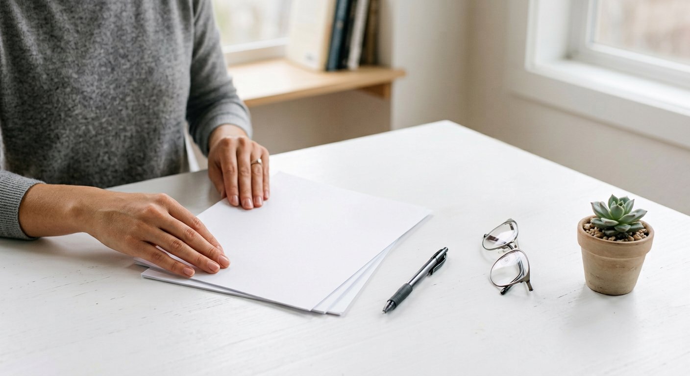 A person neatly organising personal finance documents at a tidy desk