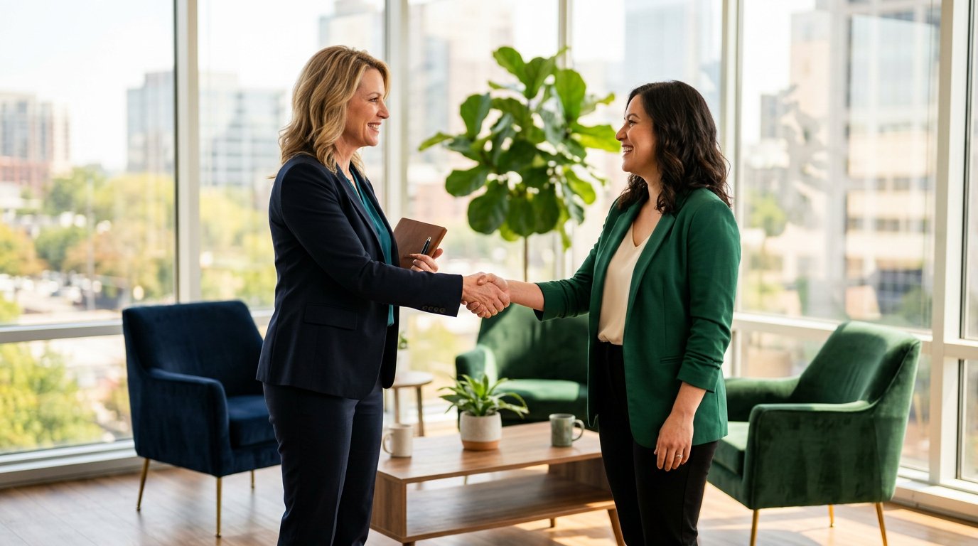 A financial advisor welcoming a client in a bright modern office